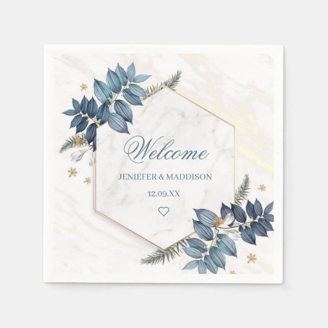 Serviette En Papier Fleurs bleues Dusty Accueil Mariage personnalisé (Devant)
