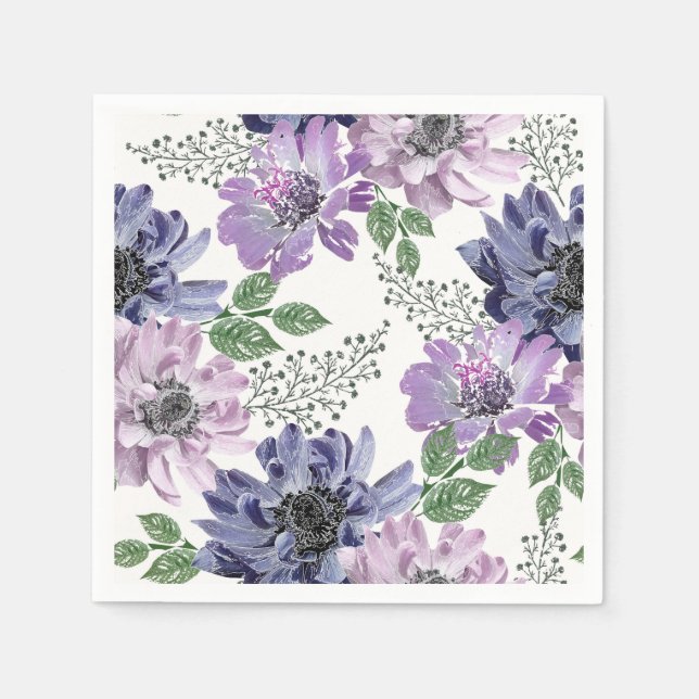 Serviette En Papier Fleurs bleues et lilas sur fond blanc. (Devant)