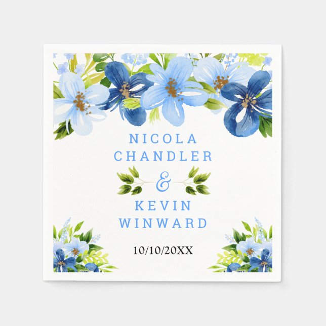 Serviette En Papier Fleurs bleues et navy avec feuillage  (Devant)