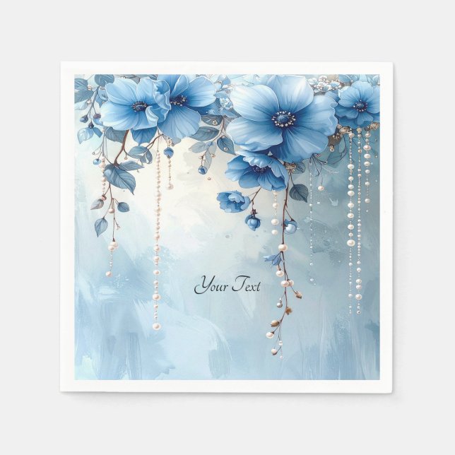 Serviette En Papier Fleurs Bleues et Perles (Devant)