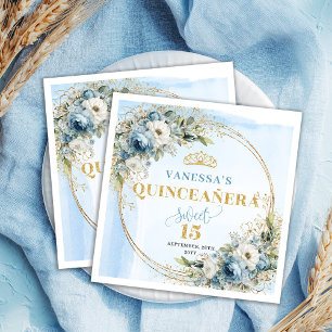 Serviette En Papier Fleurs Bleues Eucalyptus Or Napperons 15e Annivers