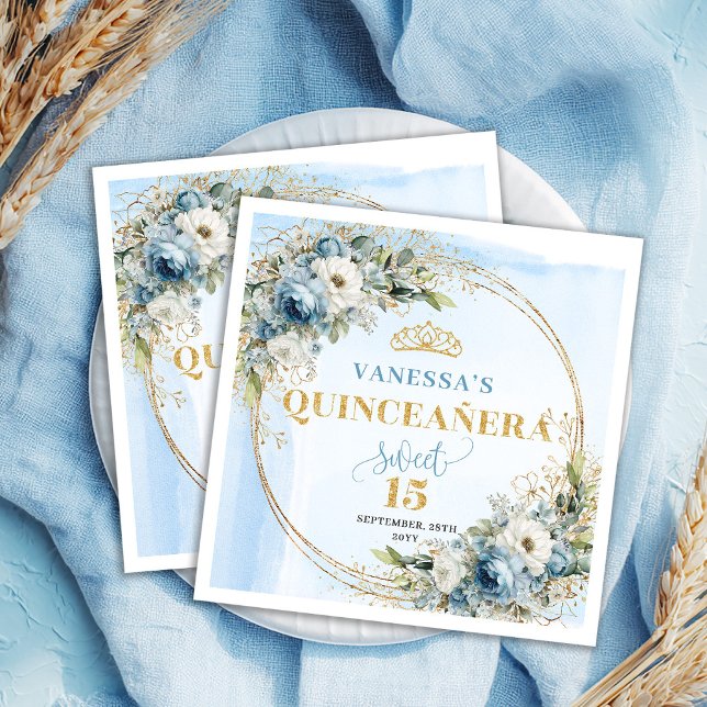 Serviette En Papier Fleurs Bleues Eucalyptus Or Napperons 15e Annivers (Blue Flowers Eucalyptus Gold 15th Birthday Napkins)