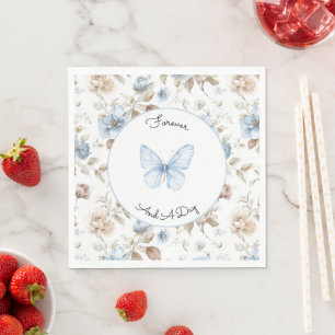 Serviette En Papier Fleurs Bleues Romantiques Feuilles Brunes Mariage