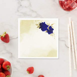 Serviette En Papier Fleurs bleues royales feuilles dorées mariage