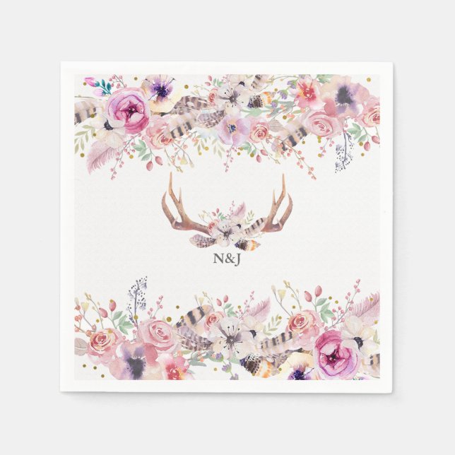 Serviette En Papier Fleurs & Bois de Cerf Mariage Rustique Evénement (Devant)
