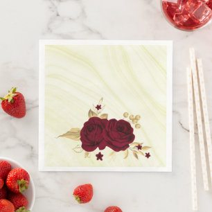 Serviette En Papier fleurs bordeaux feuilles dorées marbre