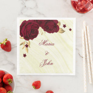 Serviette En Papier fleurs bordeaux feuilles dorées marbre