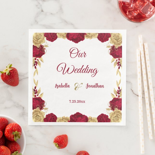 Serviette En Papier fleurs bordeaux & or feuille blanc (En situation)