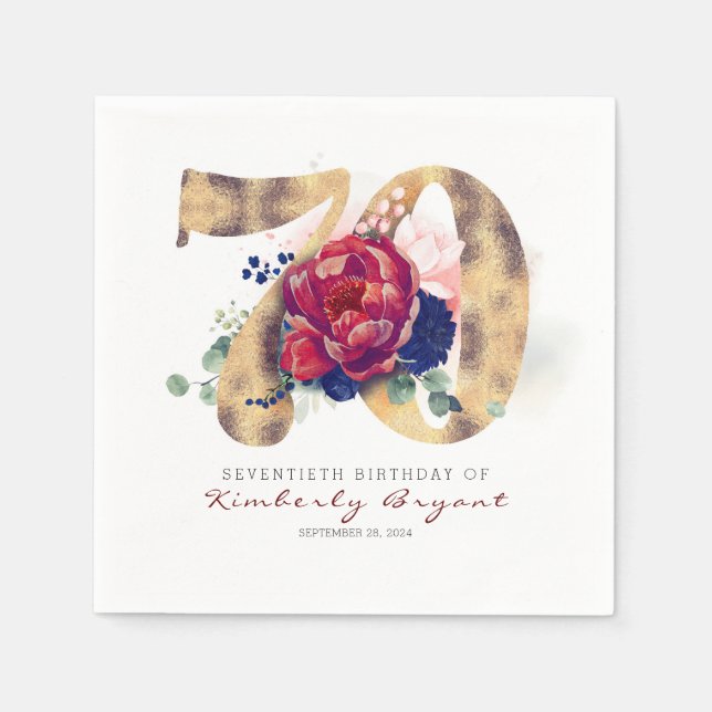 Serviette En Papier Fleurs Bourgogne et typographie de l'or 70e annive (Devant)