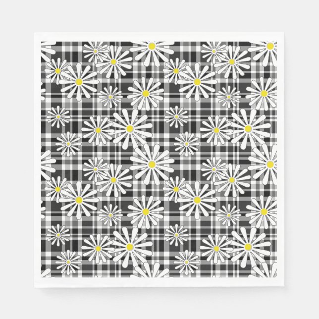 Serviette En Papier Fleurs chamomiques blanches sur à damiers noir bla (Devant)