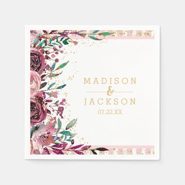 Serviette En Papier Fleurs chic Blush Stripes & Mariage Monogramme Or (Devant)