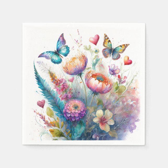 Serviette En Papier Fleurs, cœurs et papillons (Devant)