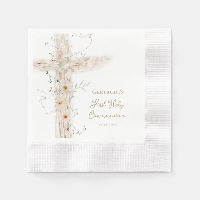 Serviette En Papier fleurs croix Première Sainte Communion (Devant)