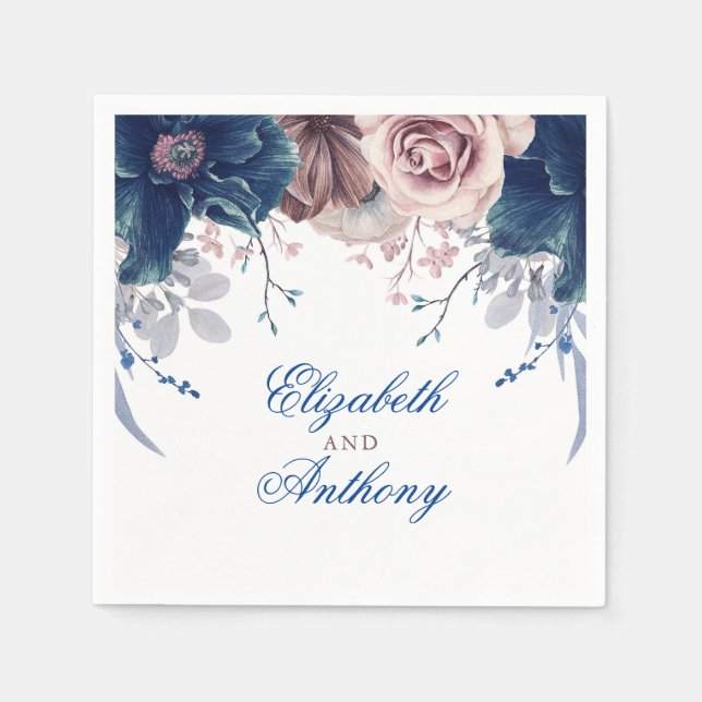 Serviette En Papier Fleurs d'aquarelle bleu marine et mauve (Devant)