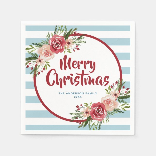 Serviette En Papier Fleurs d'aquarelle bleu moderne Noël (Devant)