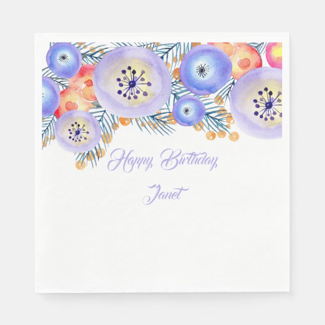 Serviette En Papier Fleurs d'aquarelle bleue Anniversaire (Devant)