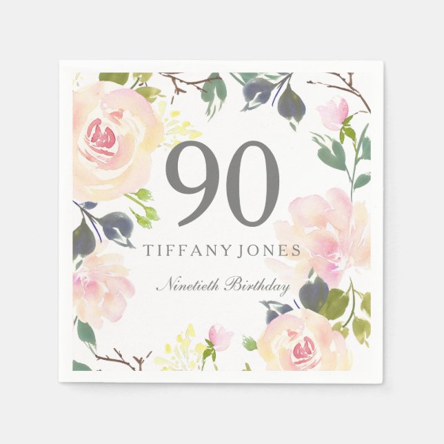 Serviette En Papier Fleurs d'aquarelle botanique 90e anniversaire (Devant)