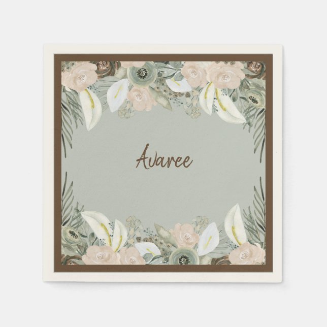 Serviette En Papier Fleurs d'aquarelle de vanille verte et crémeuse (Devant)