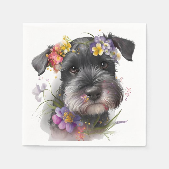 Serviette En Papier Fleurs d'aquarelle et chiot Schnauzer (Devant)