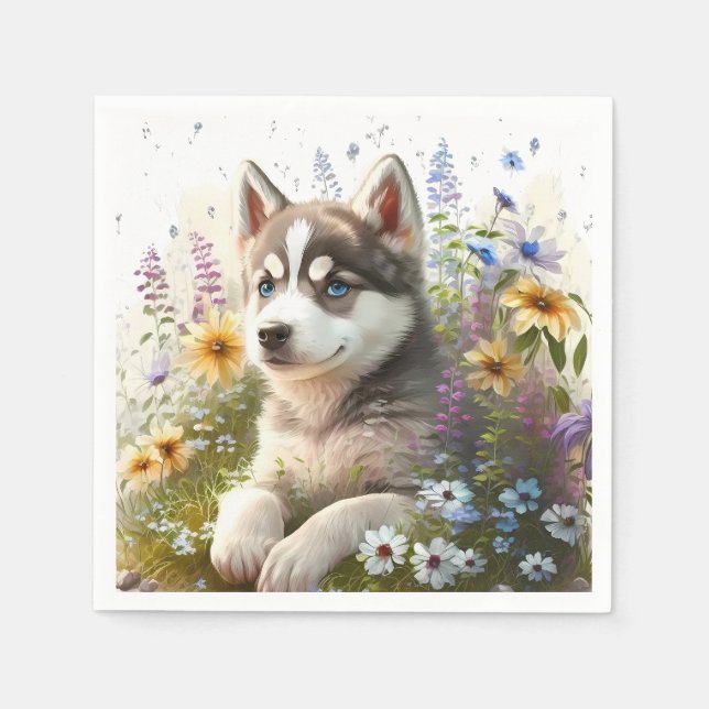 Serviette En Papier Fleurs d'aquarelle et chiot sibérien Husky (Devant)