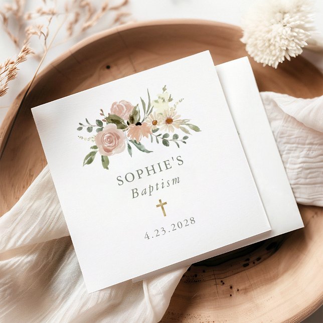 Serviette En Papier Fleurs d'aquarelle neutres simples | Baptême (Créateur téléchargé)