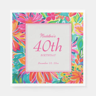 Serviette En Papier Fleurs d'aquarelle rose chaud 40e anniversaire