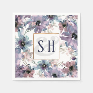 Serviette En Papier Fleurs d'aquarelle violette artistique, Monogramme