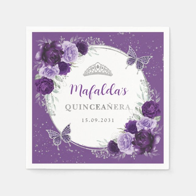 Serviette En Papier Fleurs d'argent violet Lilac Quinceanera Anniversa (Devant)