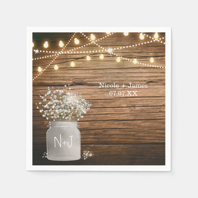 Serviette En Papier Fleurs de Baby's Breath dans un pot Mason rustique (Devant)