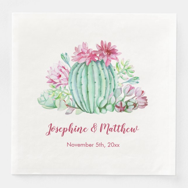 Serviette En Papier Fleurs de cactus roses Succulents Mariage d'aquare (Devant)