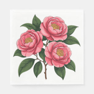 Serviette En Papier Fleurs de camélia roses en fleurs avec des feuille