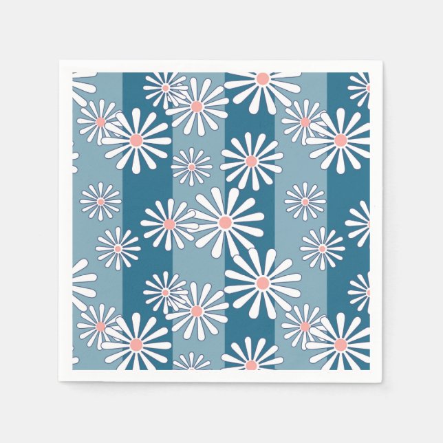 Serviette En Papier Fleurs de camomille blanche sur fond bleu rayé (Devant)