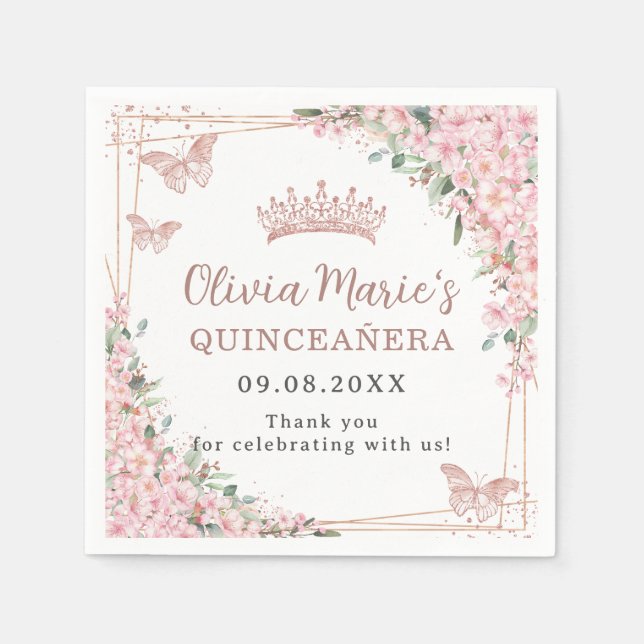 Serviette En Papier Fleurs de cerisier Papillon Or rose Quinceanera (Devant)