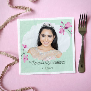 Serviette En Papier Fleurs de cerisiers roses, Vert menthe, photo