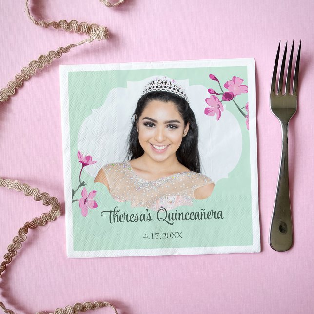 Serviette En Papier Fleurs de cerisiers roses, Vert menthe, photo (Créateur téléchargé)