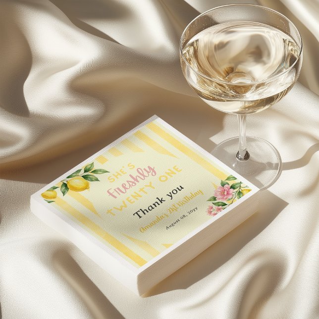 Serviette En Papier Fleurs de Citron Frais Jaune Rayures 21e Anniversa (Créateur téléchargé)