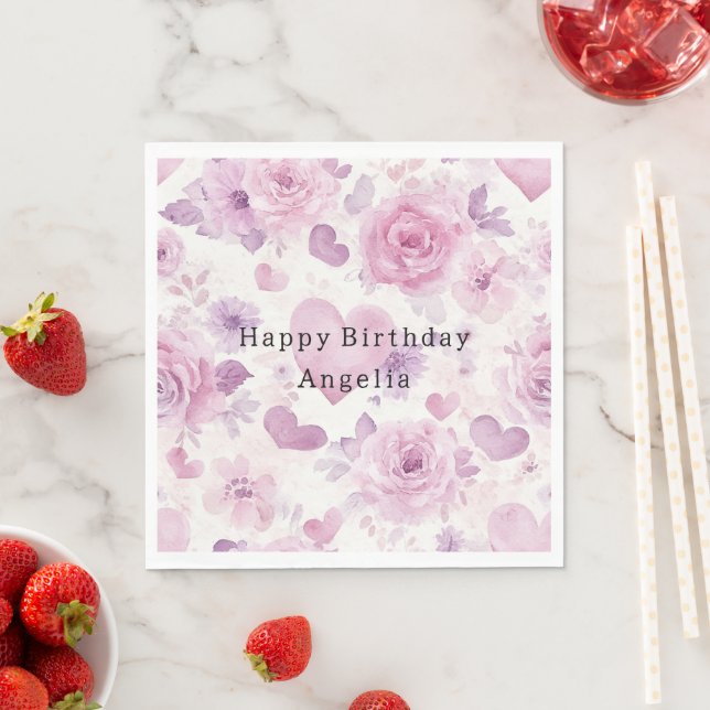 Serviette En Papier Fleurs de coeurs violets roses Anniversaire (En situation)