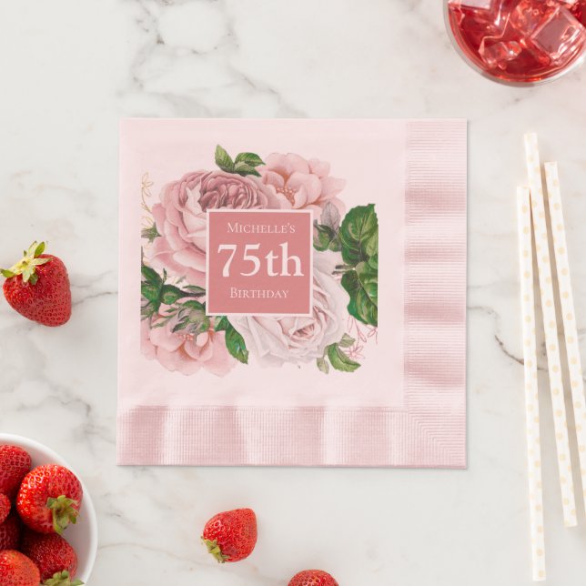 Serviette En Papier Fleurs de couleur rose pâle et verdure Vintage pou (En situation)