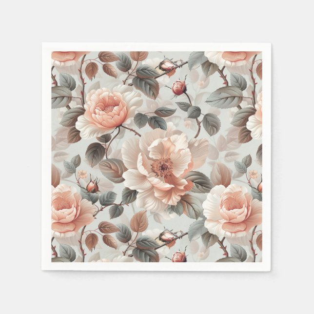 Serviette En Papier Fleurs de crème avec feuilles gris sur un gris cla (Devant)