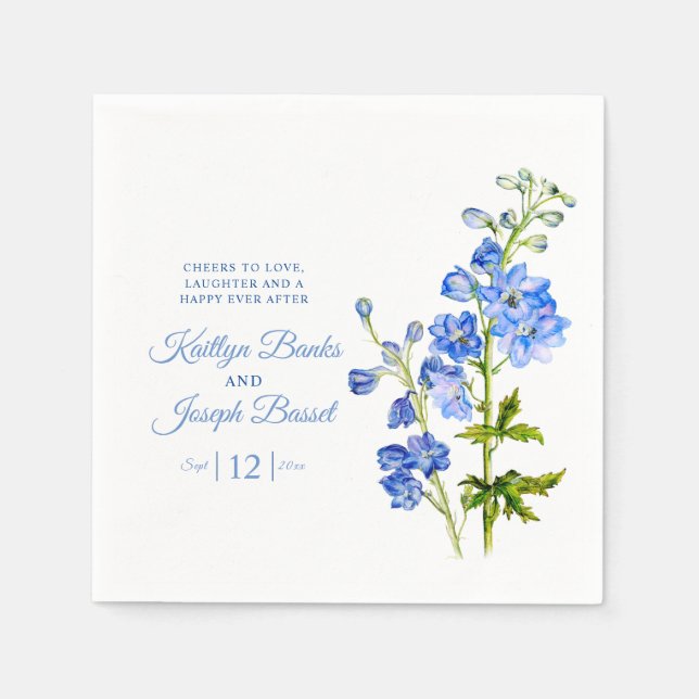 Serviette En Papier Fleurs de Delphinium bleu aquarelle art mariage (Devant)