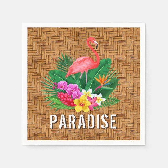 Serviette En Papier Fleurs de Flamant rose sur Motif en osier (Devant)