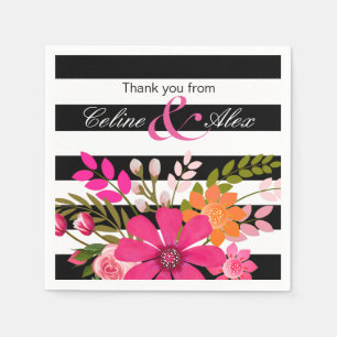 Serviette En Papier Fleurs de Folklore rayées noir et blanc   fuchsia