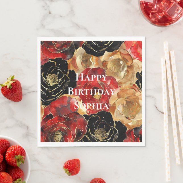 Serviette En Papier Fleurs de glam rouge or Anniversaire (En situation)