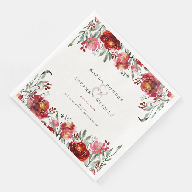 Serviette En Papier Fleurs de Jardin rouge profond Aquarelles Cadre (Coin)