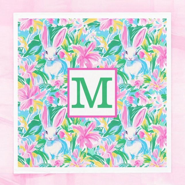 Serviette En Papier Fleurs de lapins de printemps de Pâques Monogramme (Créateur téléchargé)