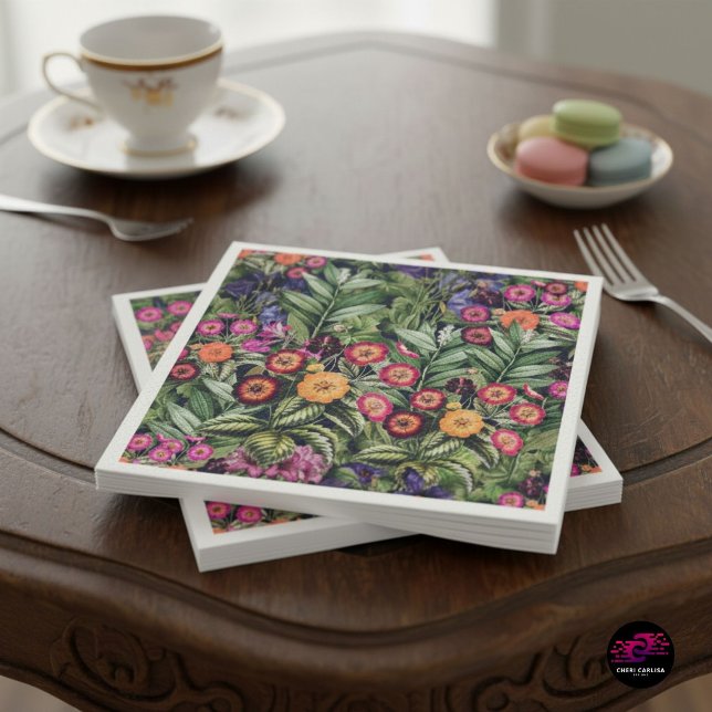 Serviette En Papier Fleurs de l'île rose prairie (Tropical floral pattern, stacked clean with crisp edges and bold detail that shows up instantly.)