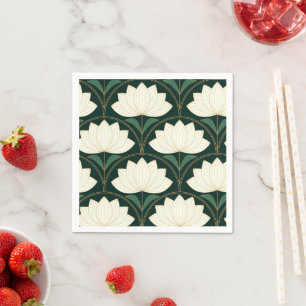 Serviette En Papier Fleurs de lotus Art Déco sur motif d'éventails dor