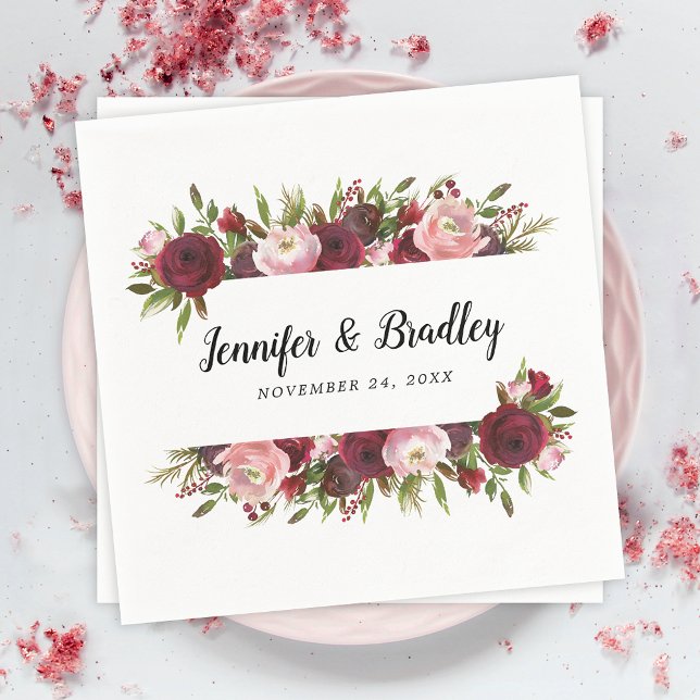 Serviette En Papier Fleurs de mariage bordeaux blush rustique (Créateur téléchargé)