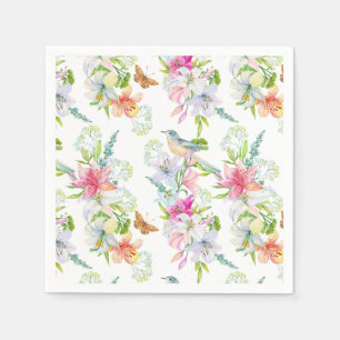 Serviette En Papier Fleurs de mariage Lys et oiseaux Aquarelle