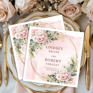 Serviette En Papier Fleurs de mariage rose poudré avec paillettes doré